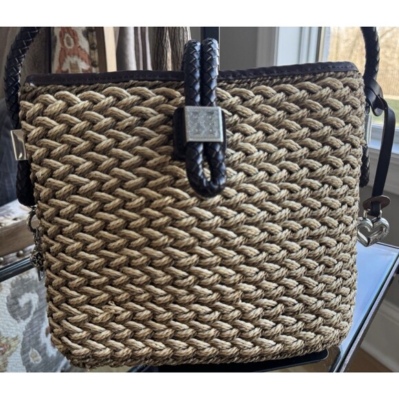 BRIGHTON Woven Rope Basket Weave Leather Trim Silver Heart & Charms Purse - Picture 2 of 10